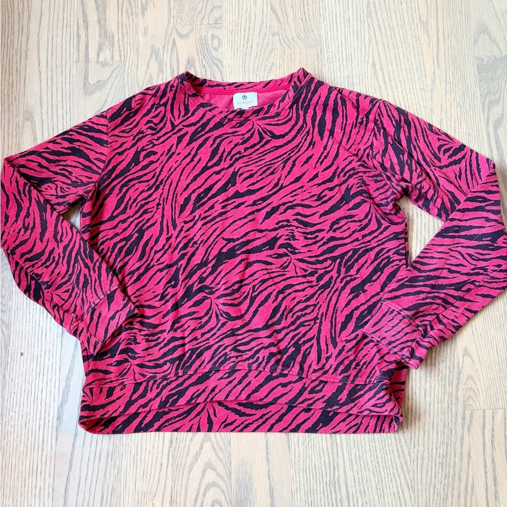 Anthropologie Sundry Y2K Zebra Print Crewneck Pullover Sweatshirt Fuchsia Black